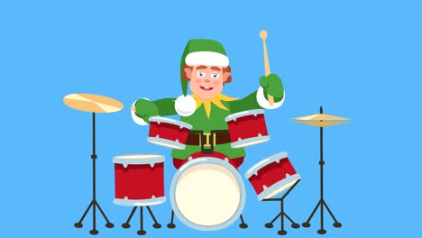 cartoon little santa helper drummer flat character play drums animation. includes luma matte