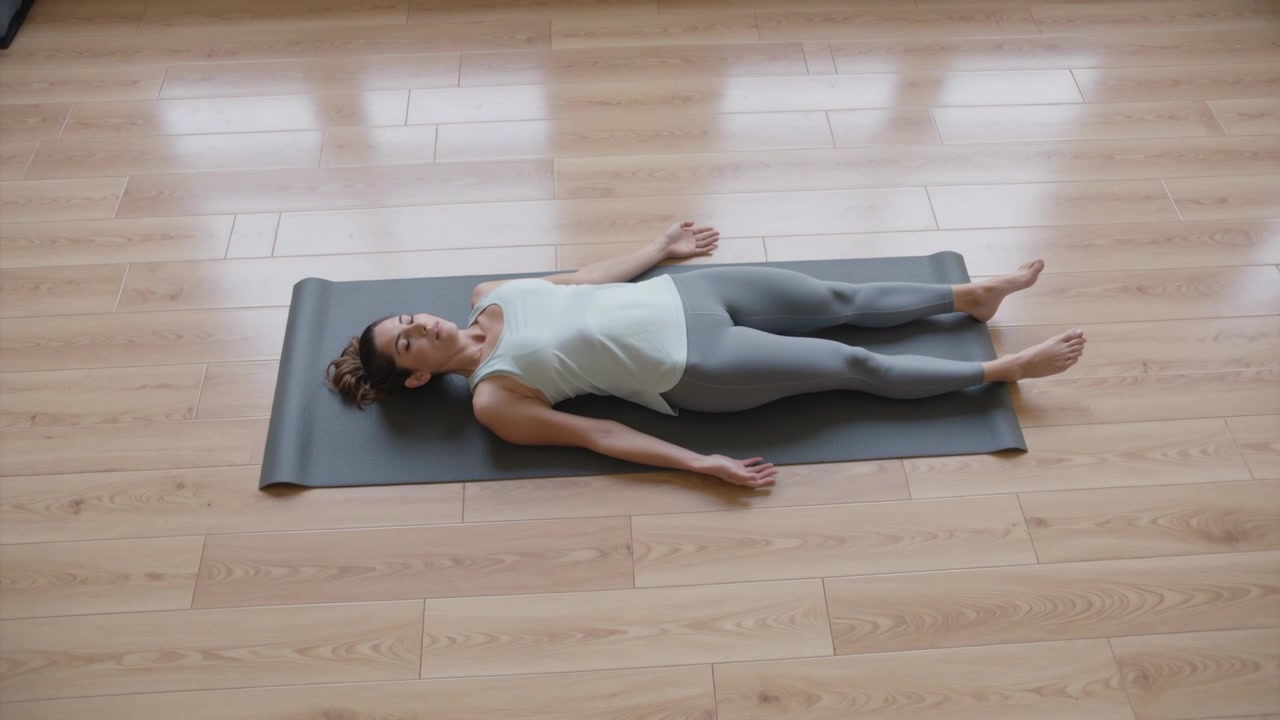 Resting woman at home after session, wearing light top and gray leggings on dark mat