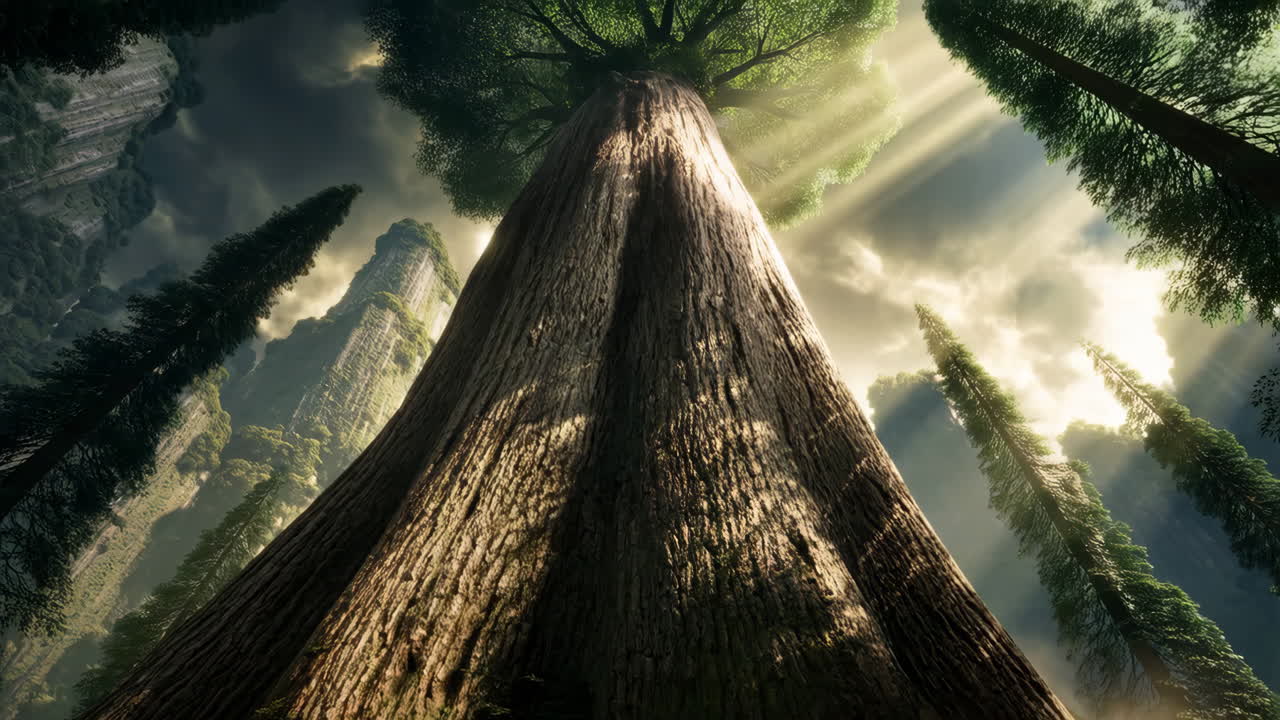 Reusachtige oude boom in een mystiek bos met zonnestralen
