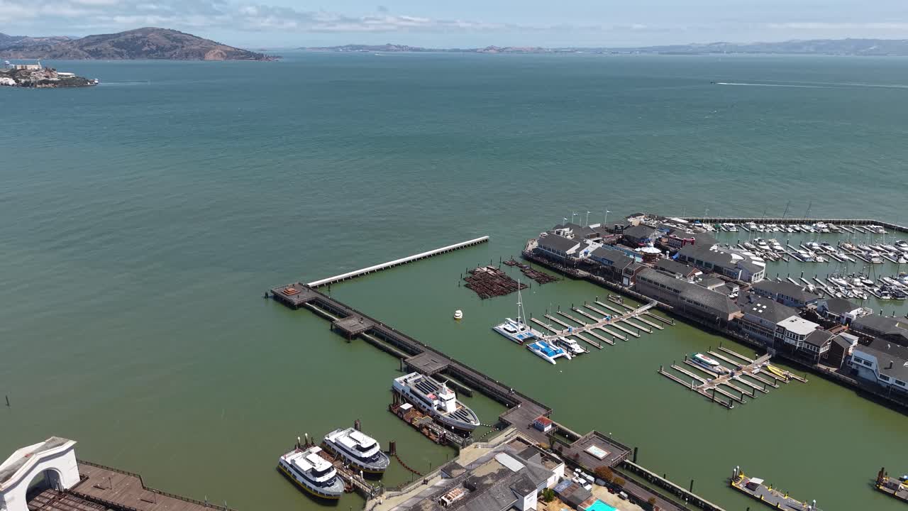 San Francisco USA, Drone Shot of Pier 39, Fisherman's Wharf, Bay and Alcatraz Island
