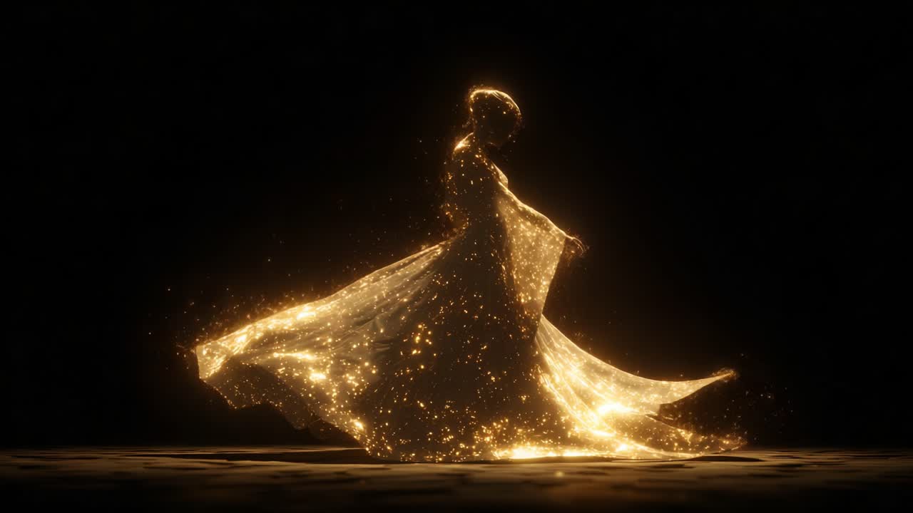 A mesmerizing figure gracefully twirls in a dazzling golden dress, illuminating the darkness with shimmering particles, creating a magical and enchanting atmosphere of delight