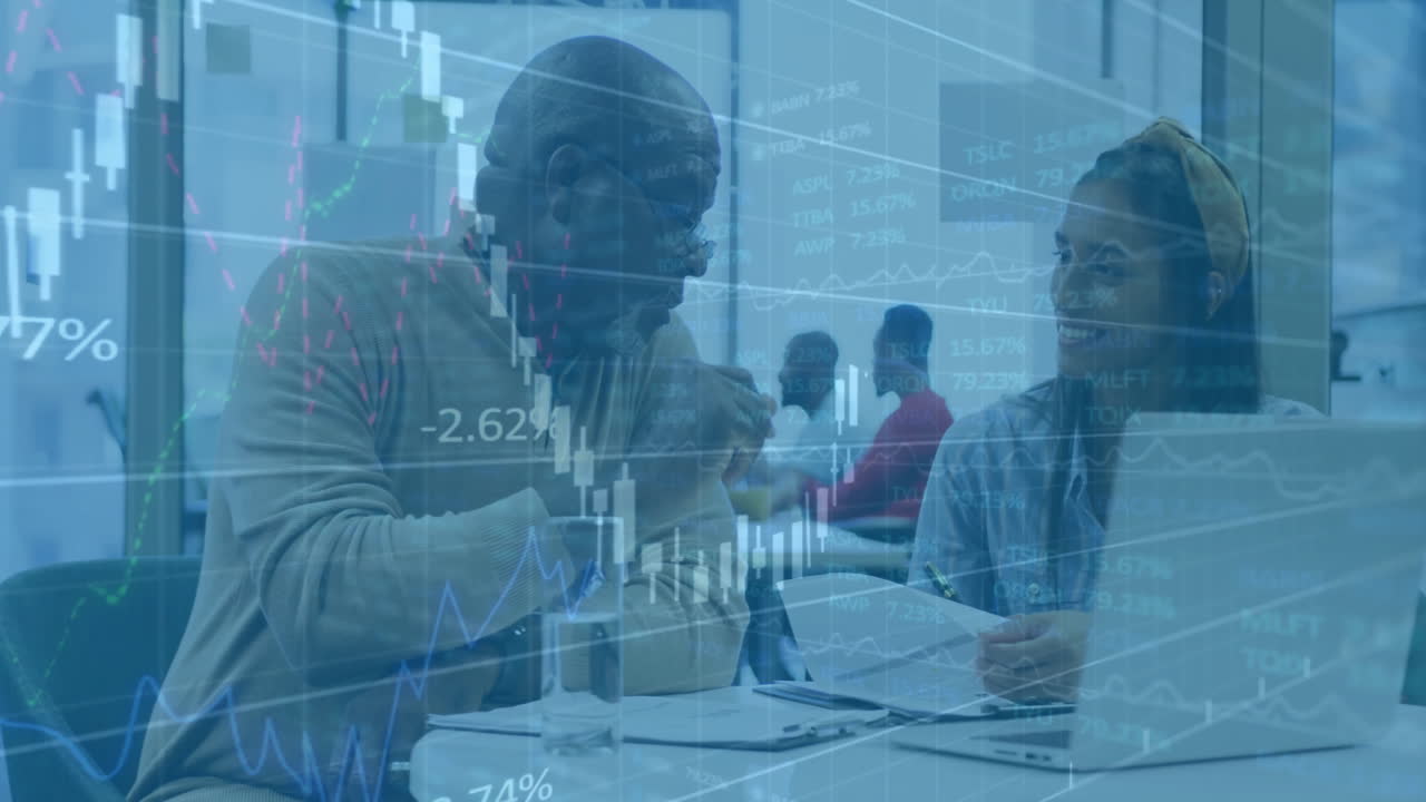 Animation of financial data processing over diverse colleagues discussing work in office