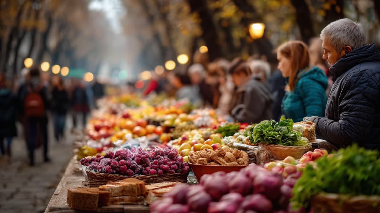 A Bustling Market Scene Featuring Abundant Fresh Produce and Colorful Fruits, Captured Amidst Autumn Foliage and Engaging Shoppers in a Lively Atmosphere