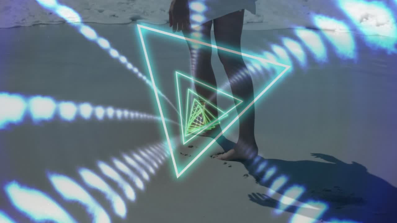 Animation of shapes over caucasian woman at beach