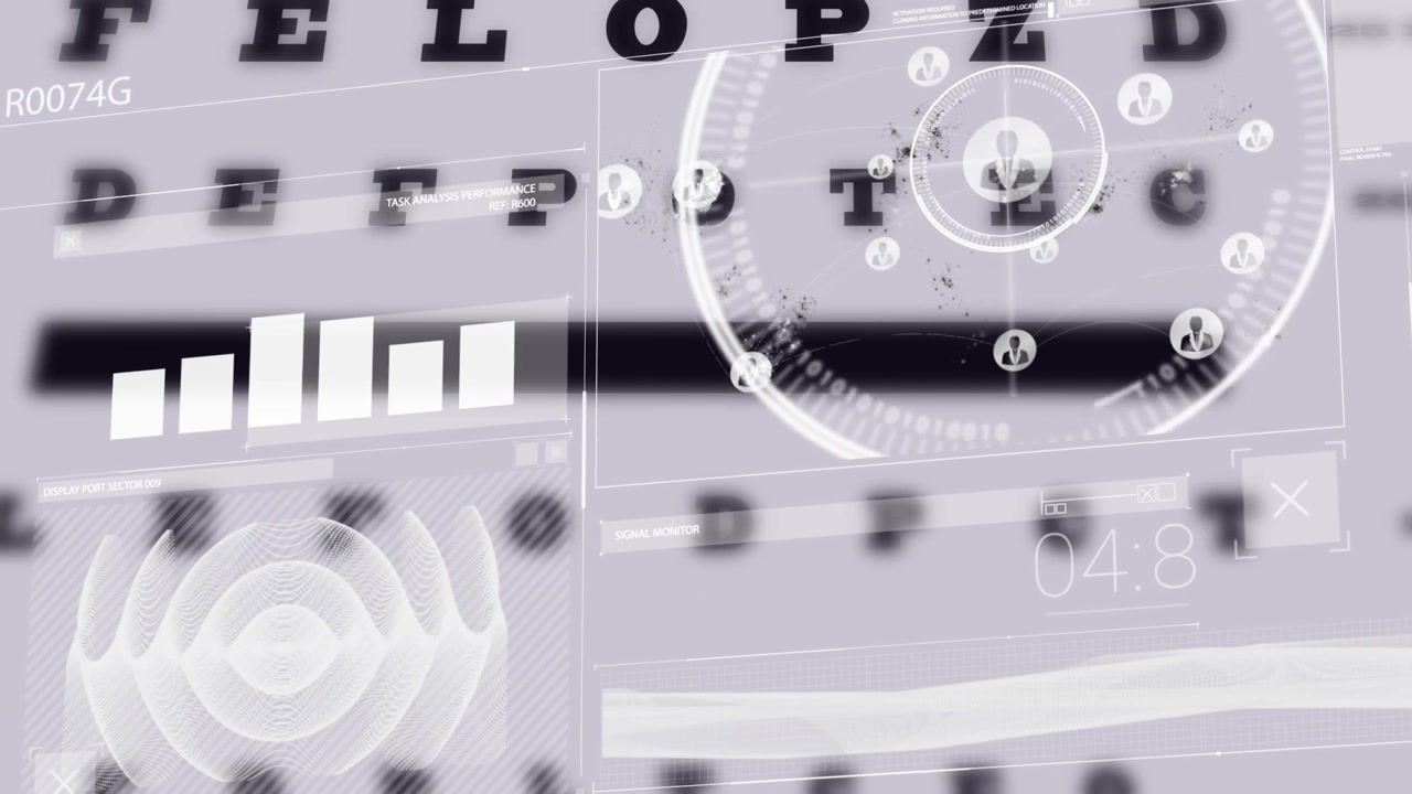 Animation of digital interface with data processing over snellen eye chart against white background