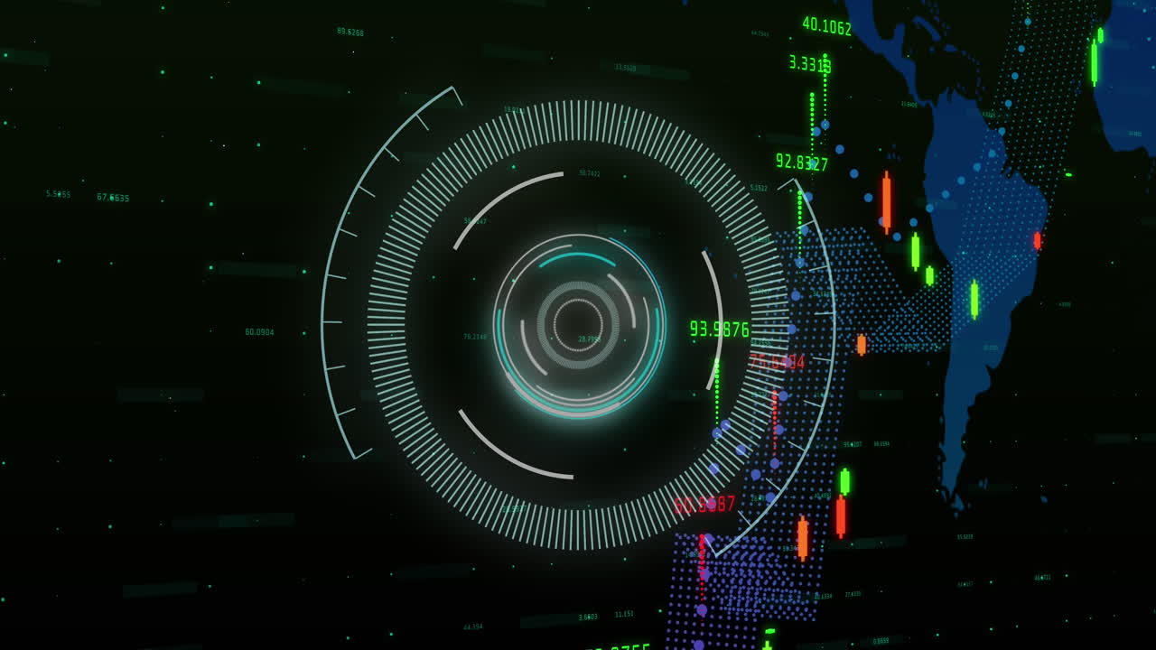 금융 데이터 처리 및 세계 지도를 스캔하는 범위의 애니메이션