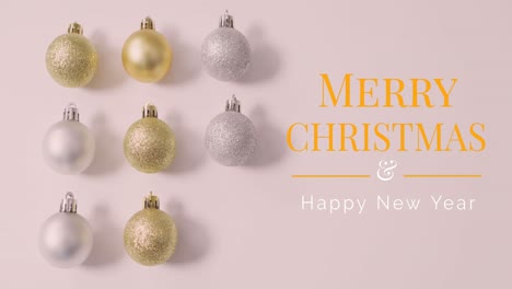 Merry-christmas-and-happy-new-year-text-banner-against-multiple-baubles-against-grey-background