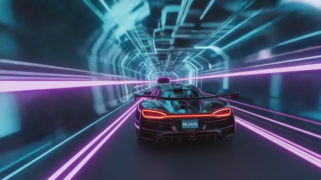 Futuristic Sports Car Driving Through a Neon Tunnel