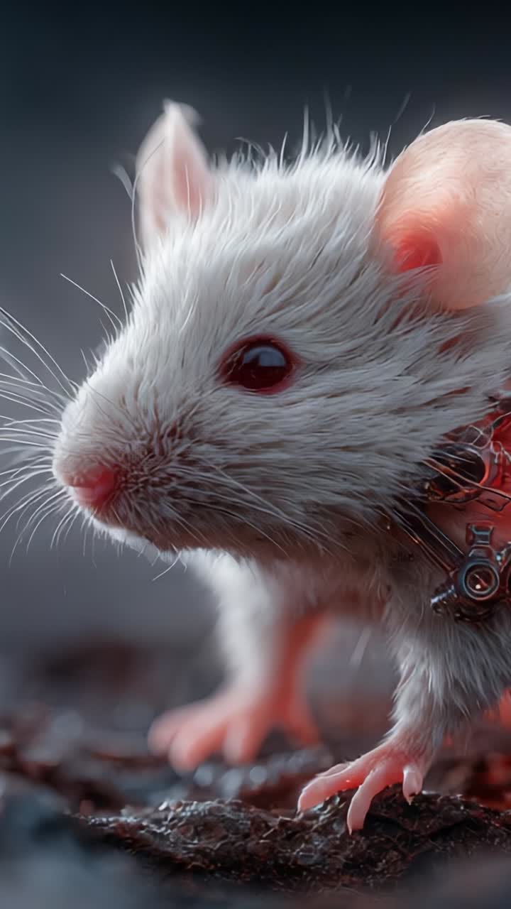Una trasformazione affascinante: l'evoluzione di un topo da laboratorio dall'innocenza alla sperimentazione con elementi hi-tech