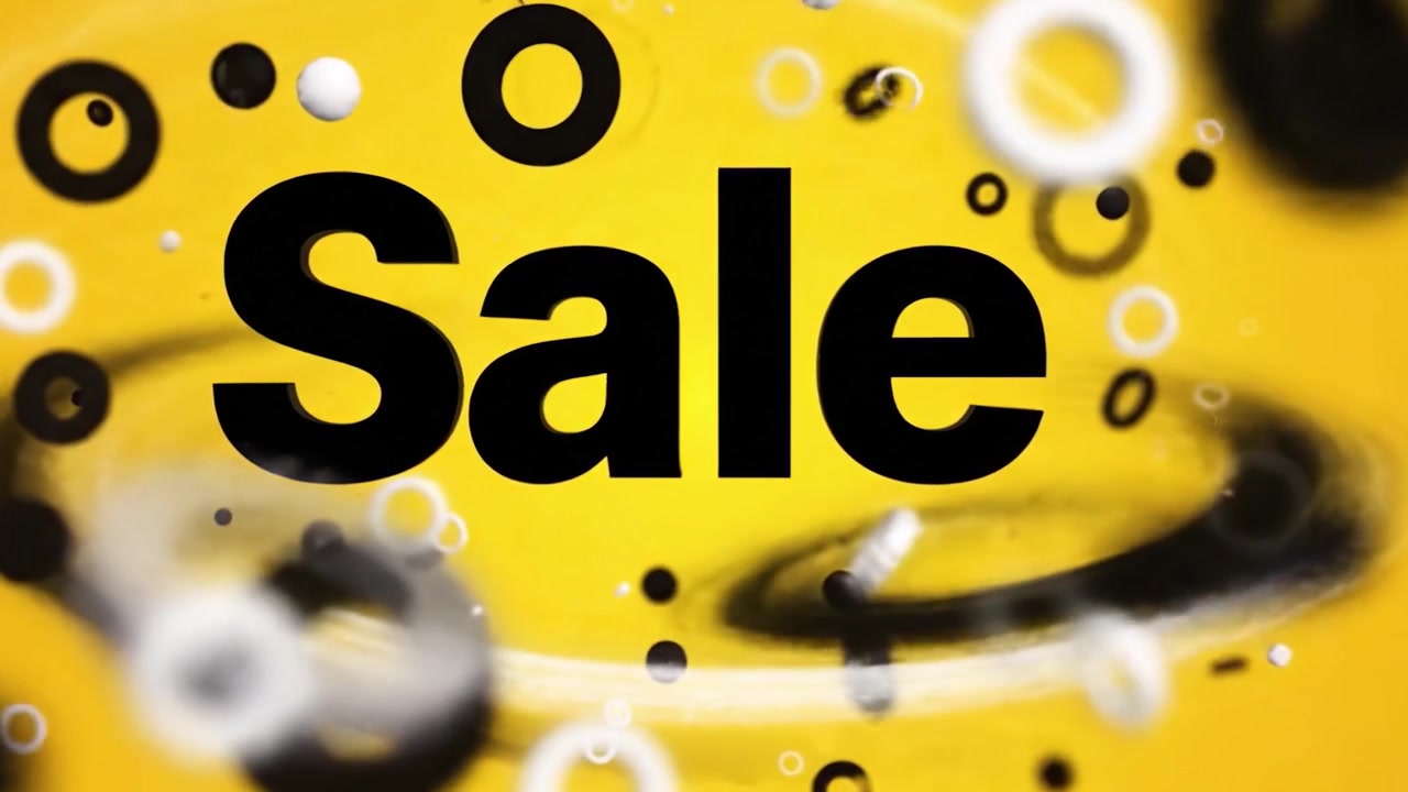 Annuncio di saldi accattivante su sfondo giallo vibrante con elementi visivi dinamici per coinvolgere gli spettatori e mettere in evidenza l'offerta promozionale.