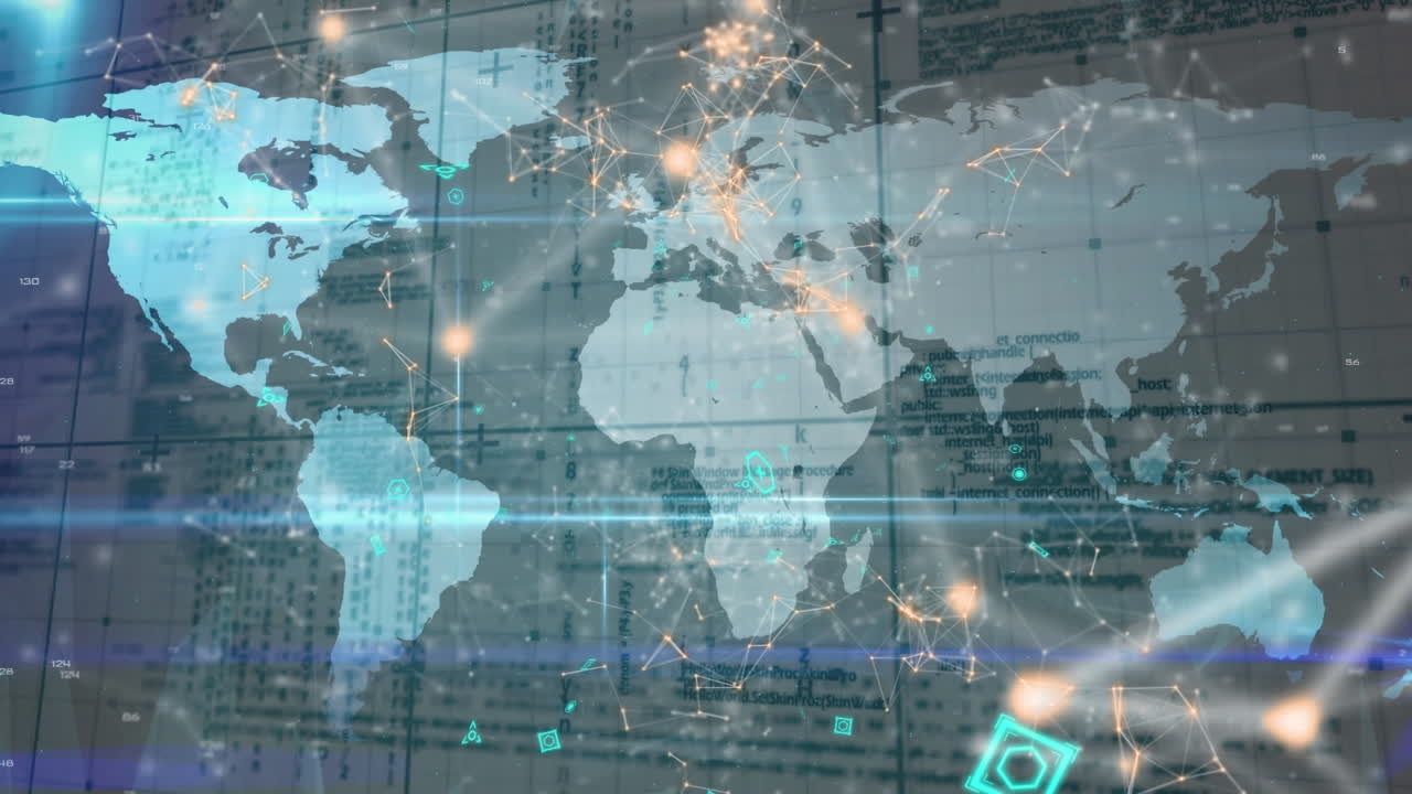 Animation of network of connections, over world map and data processing