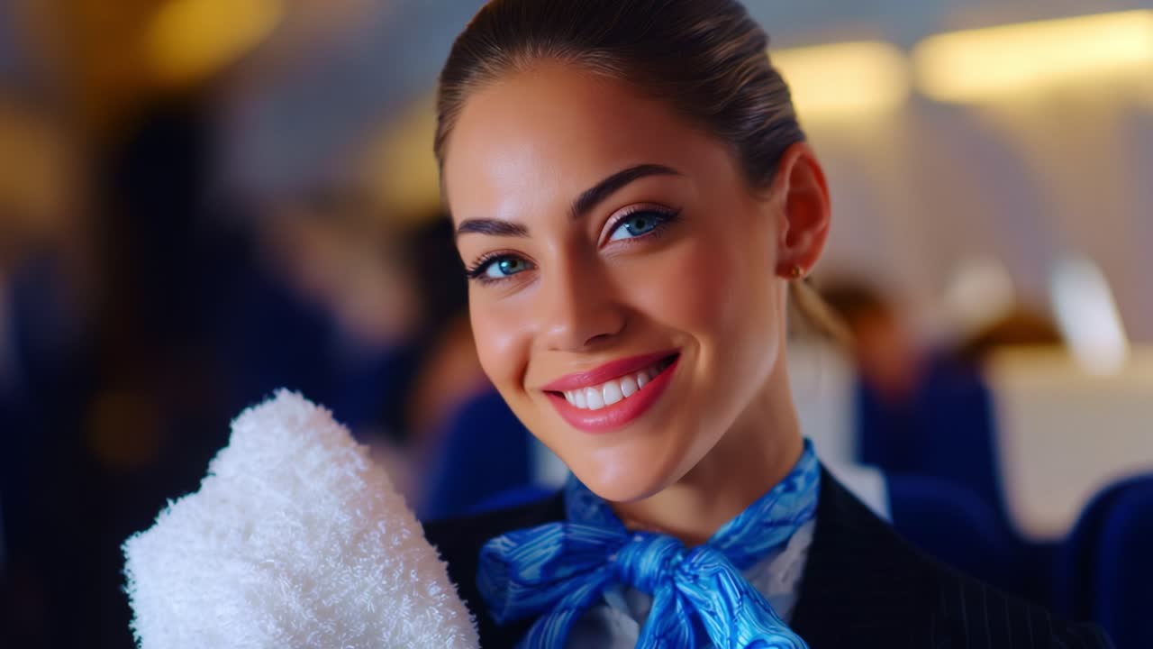 A smiling flight attendant in an airplane interior, showcasing hospitality and service with a warm expression, holding a soft towel and dressed in professional attire, ready to assist passengers during the flight