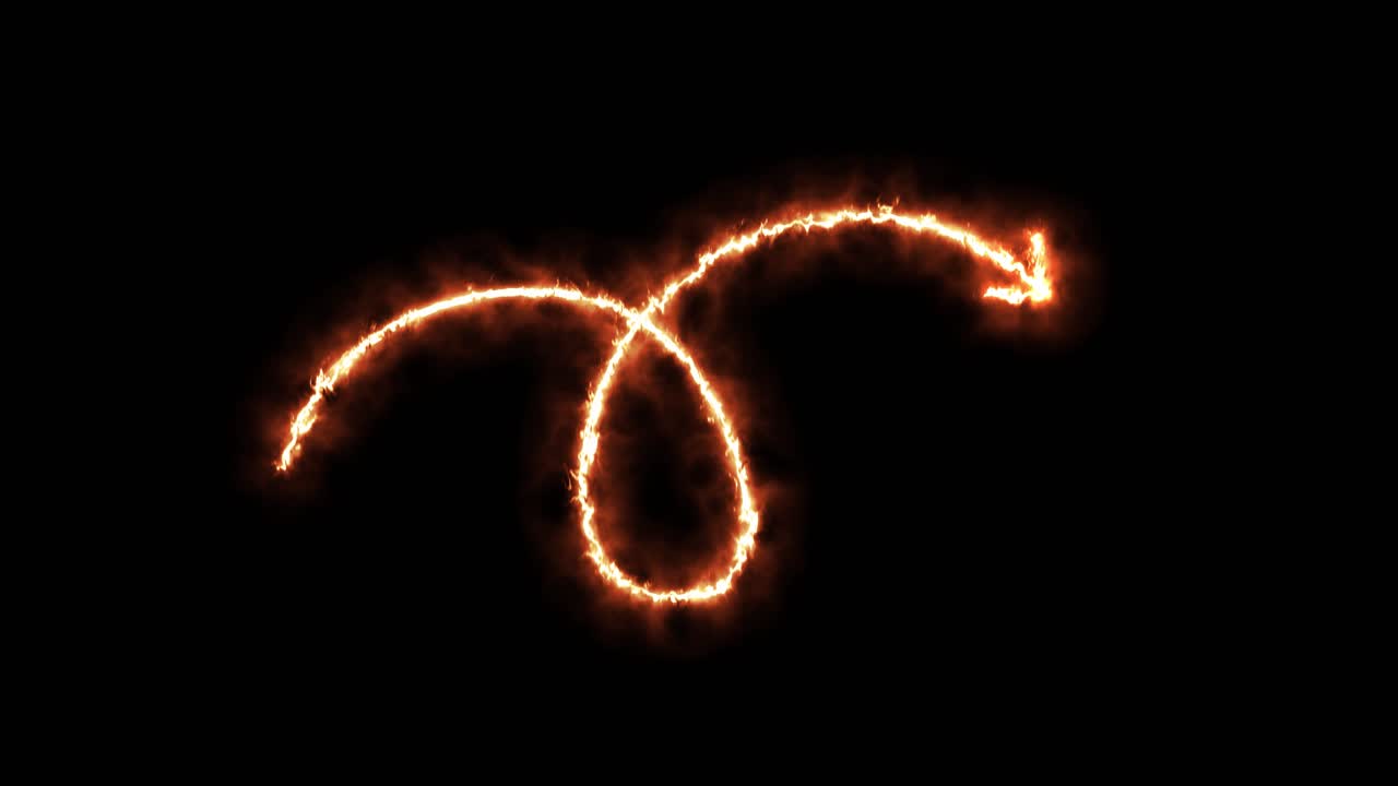 Glowing fire arrow animates a looping spiral trajectory, leaving a bright trail on black