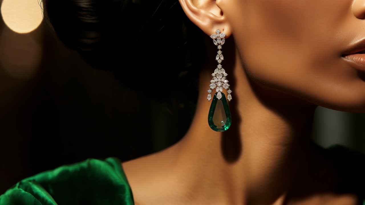 Close-up video shot of a woman's elegant emerald earring, highlighting luxury and sophistication