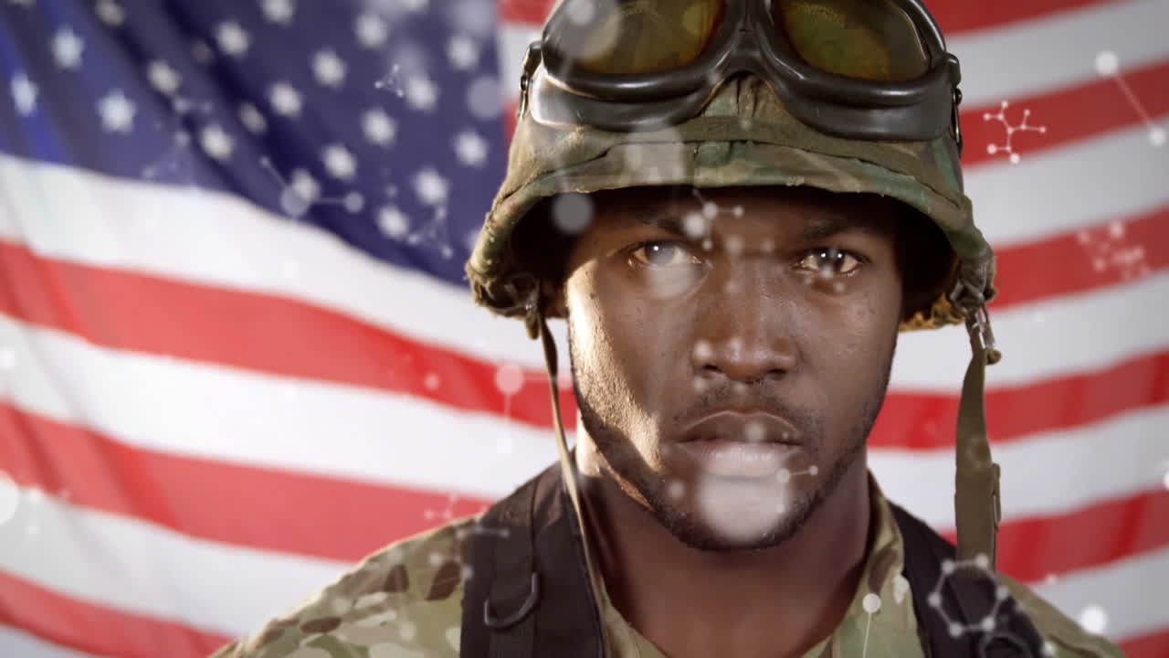 Standing in front of American flag, soldier in camouflage uniform with animation