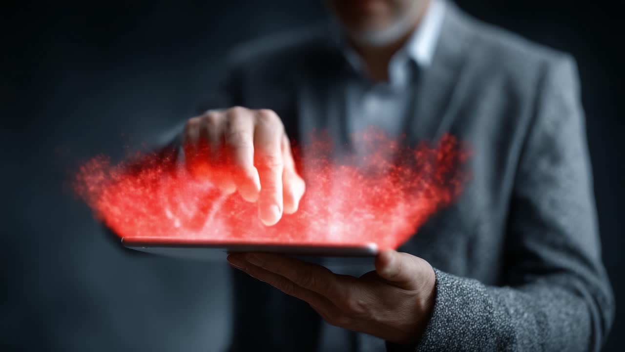 The Dynamic Interaction of Technology and Imagination: A Man Engages with a Digital Tablet, Creating a Vivid Red Cloud of Energy Through Touch
