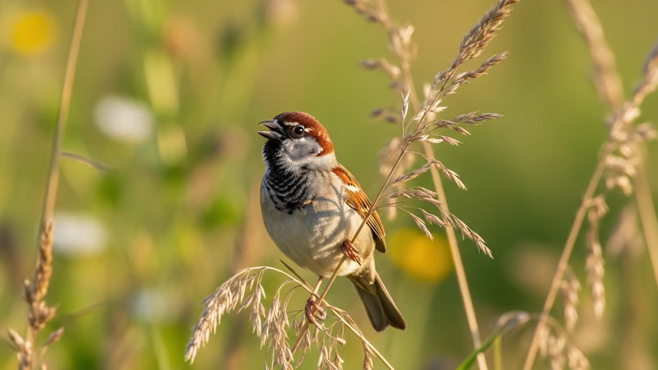 A Captivating Close-Up of a Colorful Songbird Perched Among Gentle Grasses, Delightfully Singing in the Warmth of a Sunny Meadow, Showcasing Nature's Beauty in HD
