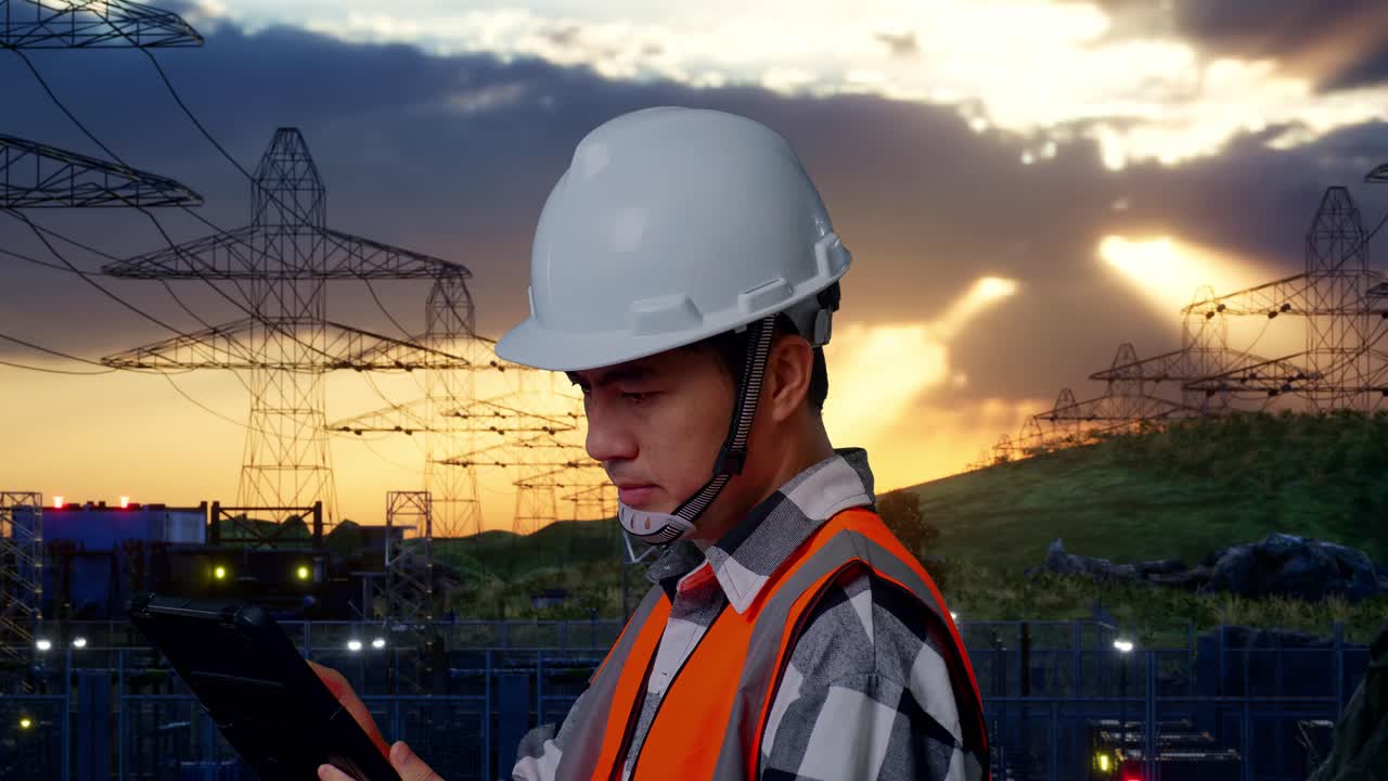 Close Up Side View Of Asian Male Engineer With Safety Helmet Working On A Tablet While Standing Near High Voltage Tower