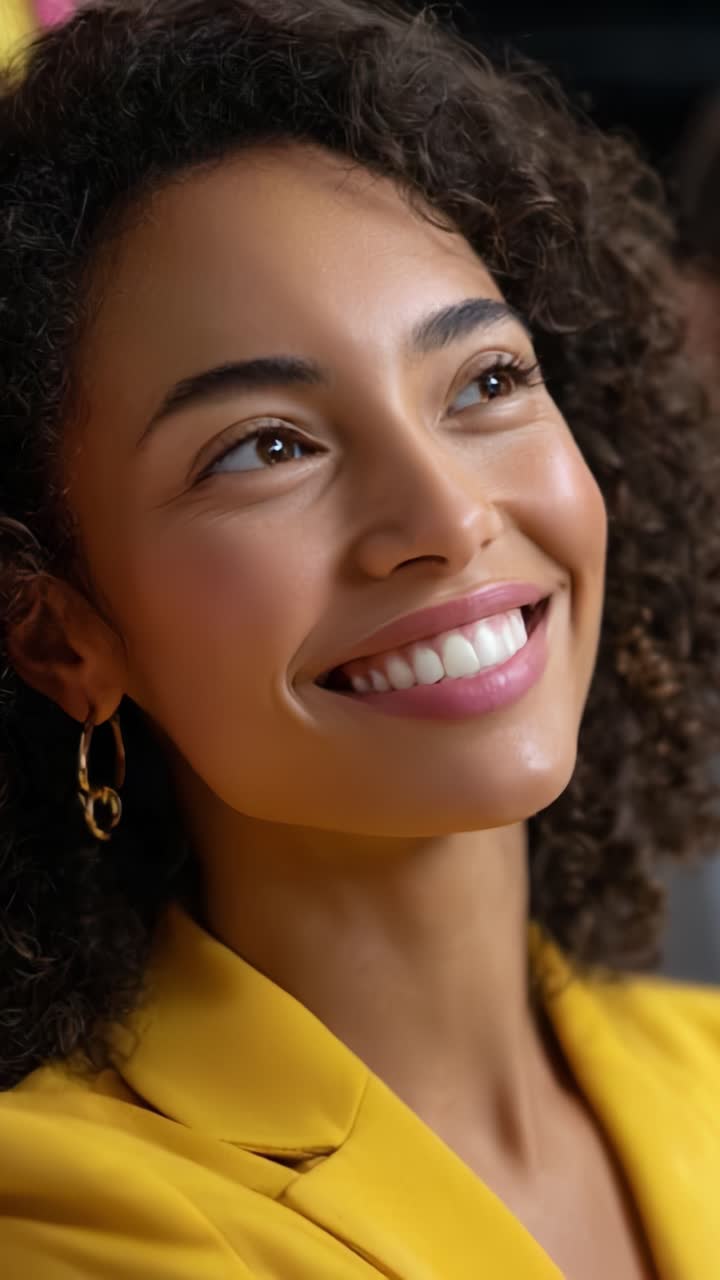 A radiant woman with curly hair smiles brightly, showcasing her vibrant personality while dressed in a stylish yellow outfit, embodying confidence and joy