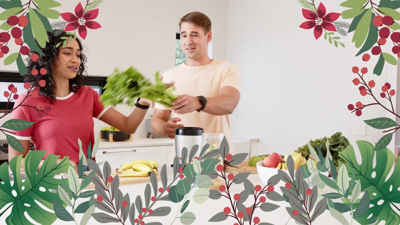 Pareja feliz preparando un batido saludable en una cocina moderna