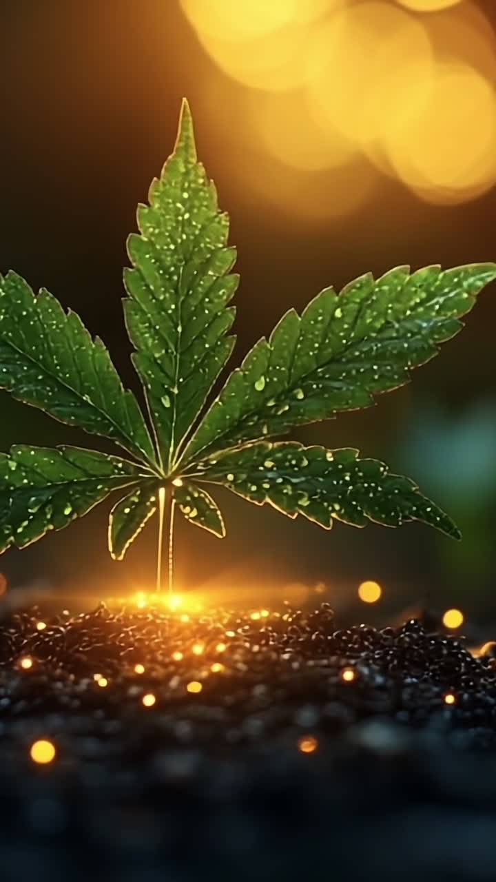 Green cannabis leaf glistens with dew. A glowing cannabis leaf with water droplets shines softly against a dark background.
