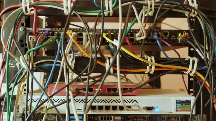 Network switch and ethernet cable in rack cabinet. Network connection technology and has a status LED to show working status. Concept of infrastructure with cables connected to data center