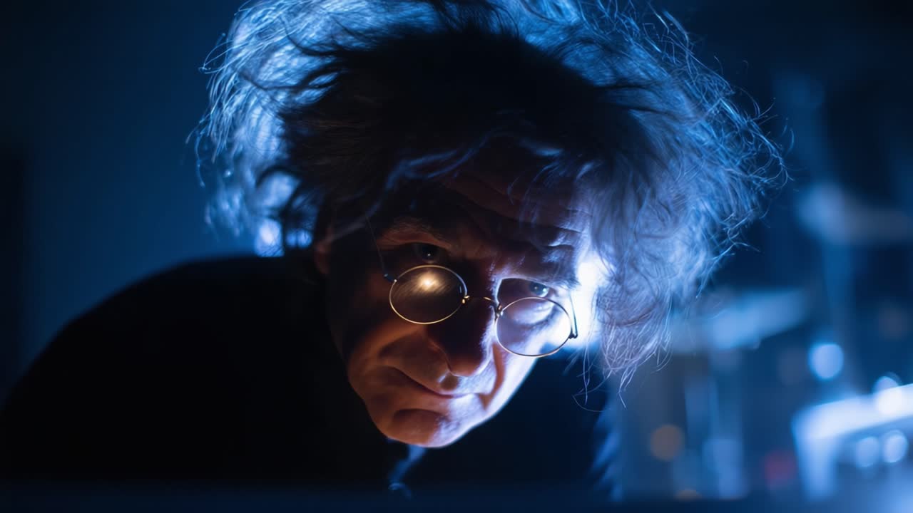 Uno scienziato eccentrico scruta l'ignoto, illuminato da una luce spettrale, con i suoi capelli selvaggi e gli occhiali che evidenziano l'intensità della sua curiosa esplorazione.