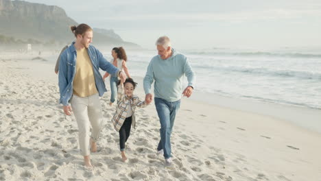 family, beach and dad swing girl with grandparents