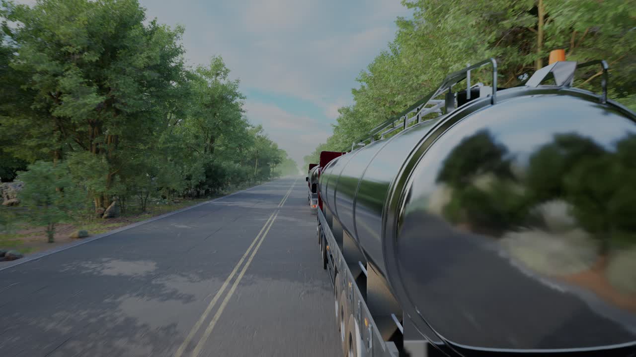 Oil Tanker Trucks on a Road Through Trees