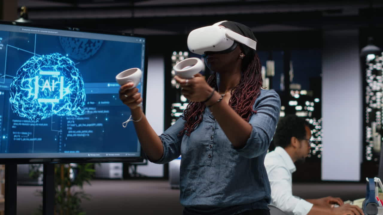 Woman Wearing VR Headset Interacting with Artificial Intelligence in Modern Office