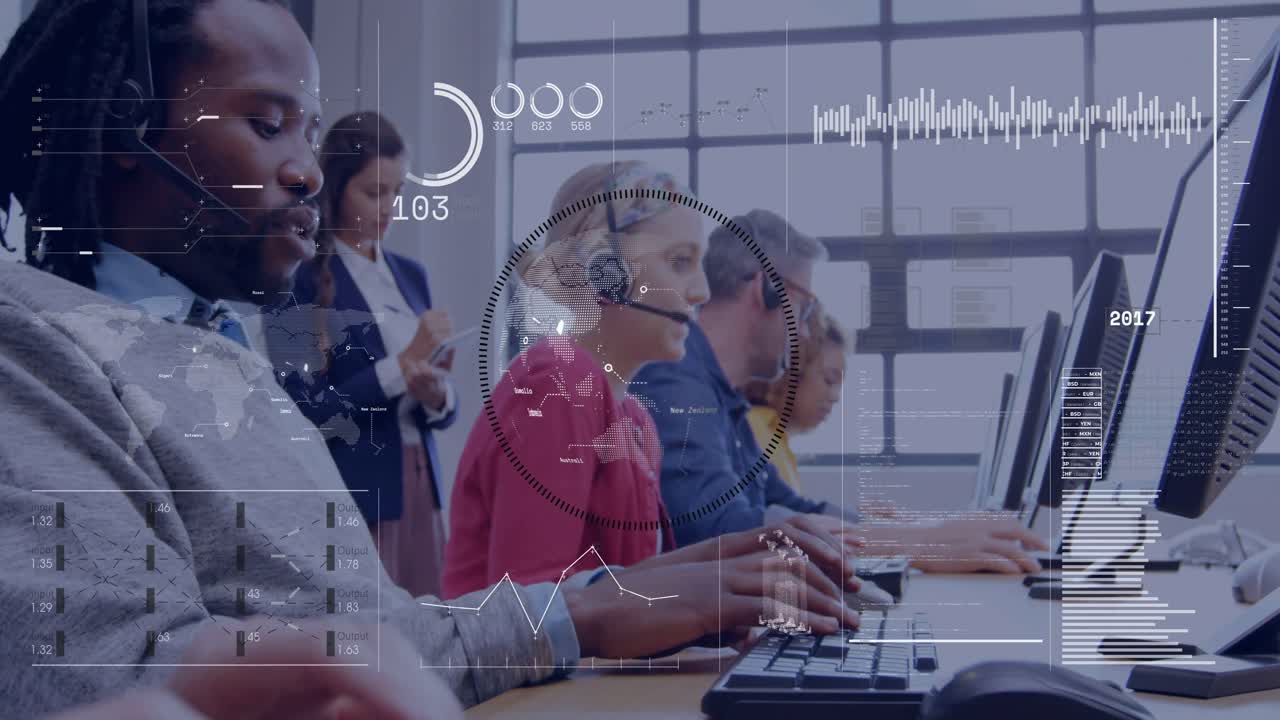 Overlay showing, agent in gray sweater typing on keyboard handling calls at call center, copy space