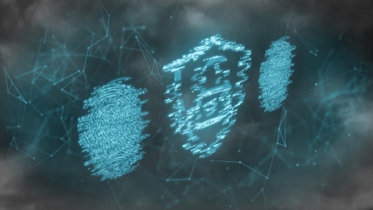 Animation of biometric fingerprint scanner and security padlock icon against network of connections