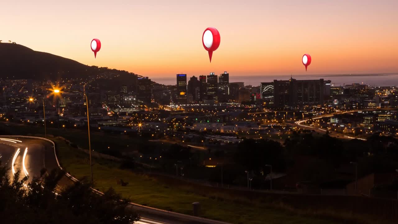 alfileres de ubicación y paisaje urbano