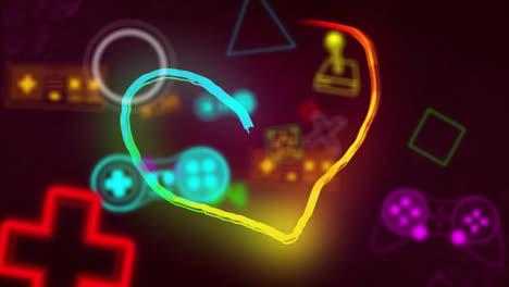 animación de corazón de neón, iconos de videojuegos y patrón de neón sobre fondo negro
