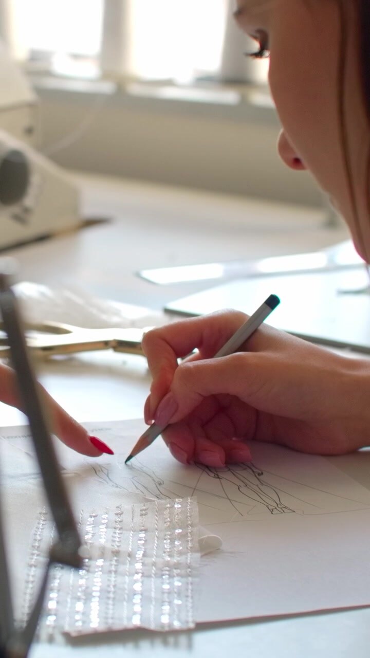 Fashion Designer Sketching a New Garment Design in Studio