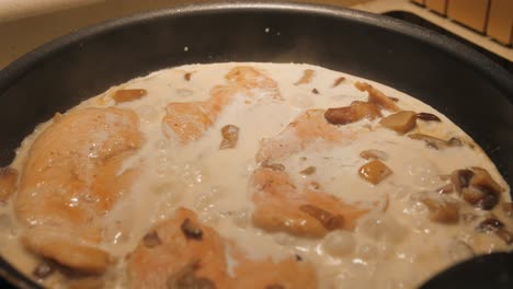 Close-up-shot-of-chicken,-mushroom-and-cream-cooking-in-pan-under-stove