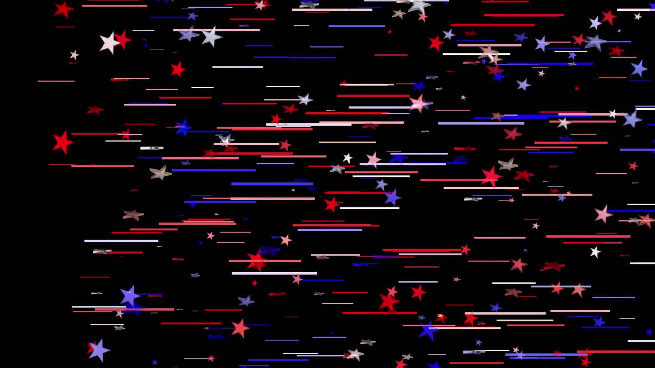 animación de múltiples estrellas de la bandera estadounidense con rastros de luz que se mueven sobre un fondo negro.