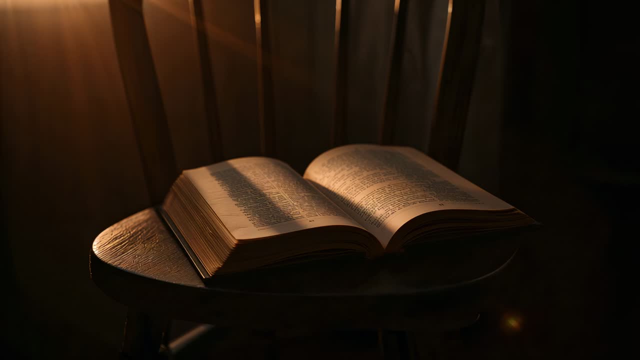 Luce solare intensa che si diffonde su un libro aperto su un tavolo di legno vicino a una finestra con tenda, creando un lens flare