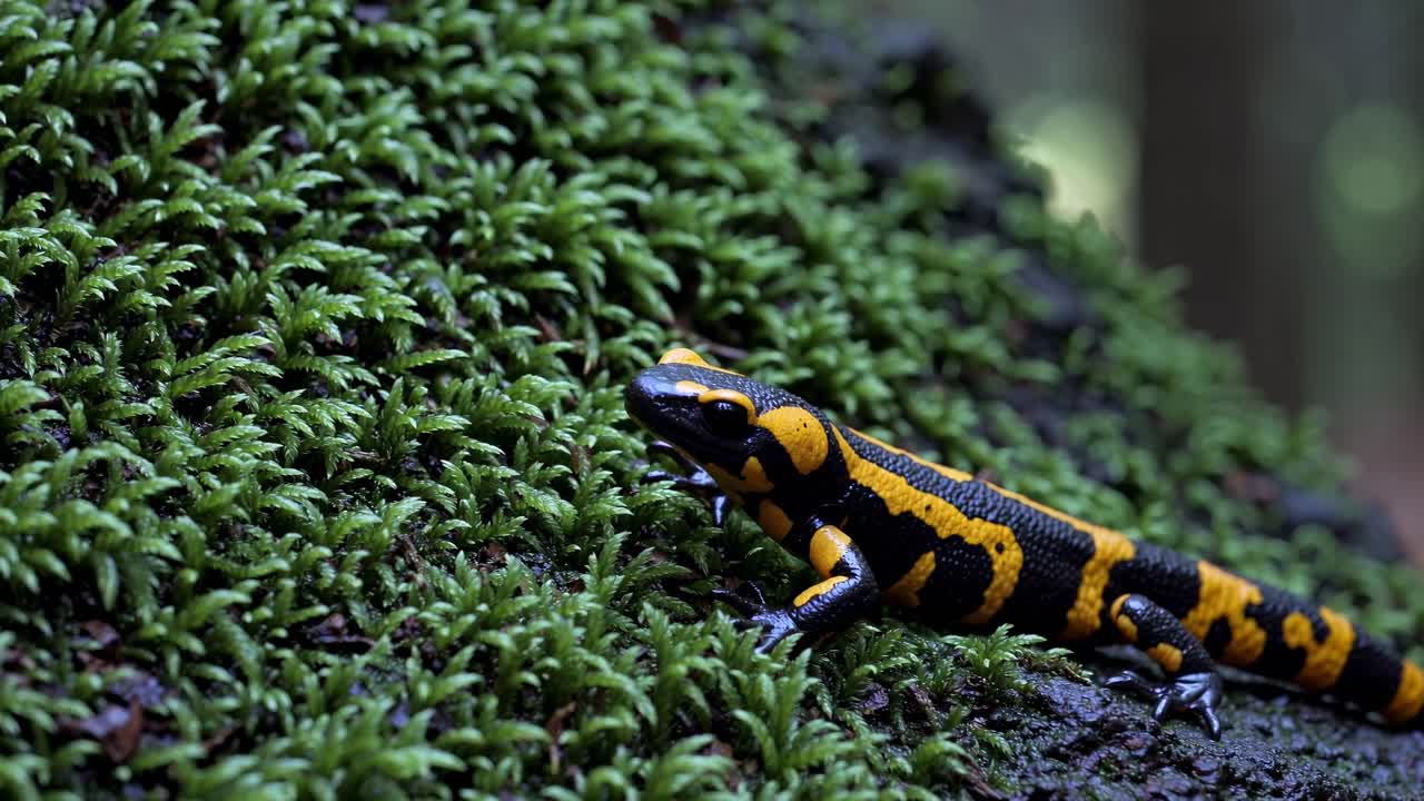 Primer plano de video de una salamandra vibrante sobre musgo, capturado desde un ángulo bajo.