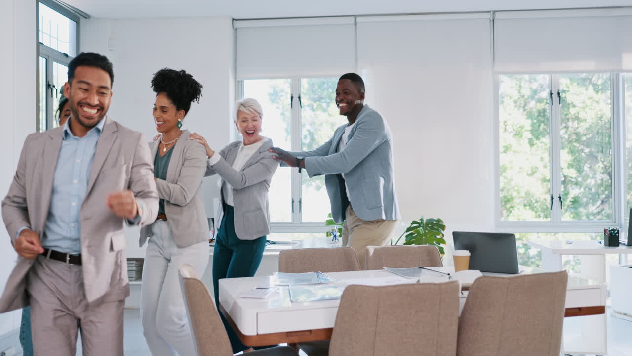 Happy, dance or employees in celebration