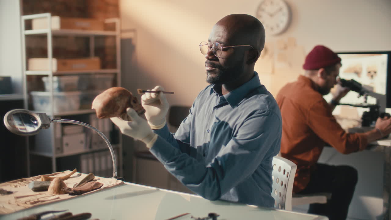 African American Archaeologist Cleaning Human Skull with Brush in Laboratory