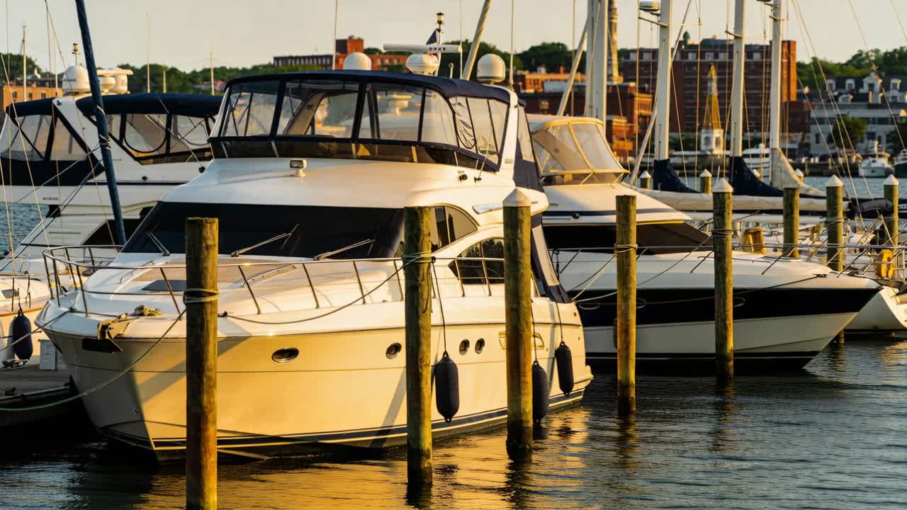 Un grande yacht a motore bianco che ondeggia e si sposta al molo della marina con una leggera brezza, con le cime d'ormeggio