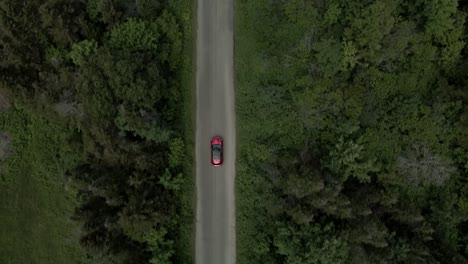 top-down shot of a red infiniti brand luxury car driving on the rural road with lushtrees in canada - aerial drone