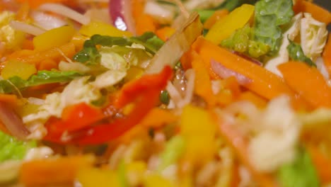 close up view of stir fry vegetables as camera moves forward showing colorful ingredients including peppers, onions, carrots, cabbage, beansprouts 4k