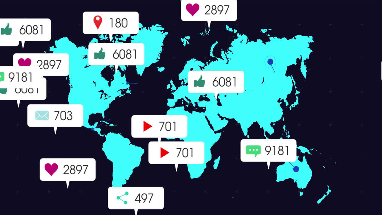소셜 미디어 참여 아이콘: 다양한 상호 작용 수를 가진 세계 지도에 대한 애니메이션