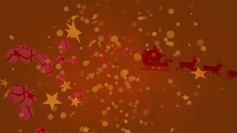 Animación-De-Cajas-De-Regalo,-Círculos-Y-Estrellas-Sobre-Santa-Montando-Trineo-De-Renos-Sobre-Fondo-Abstracto