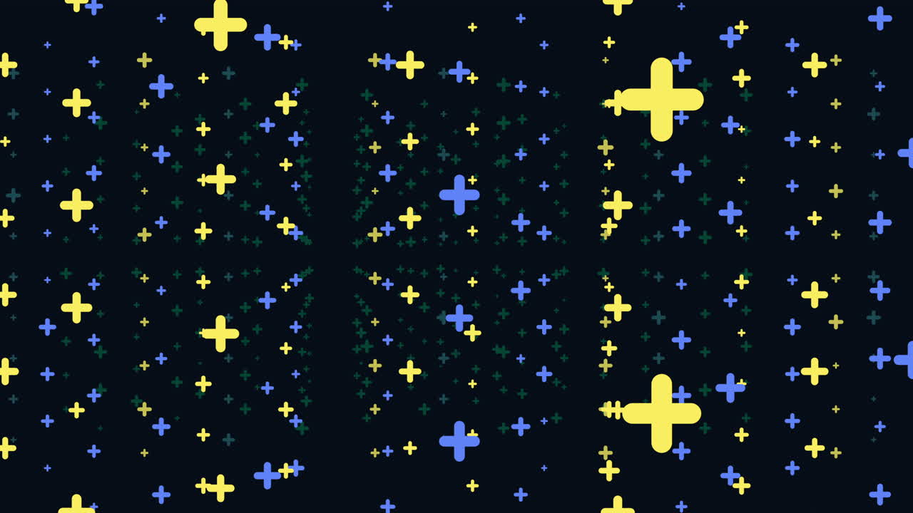 Abstract footage of colorful plus sign particles moving in geometric patterns on a dark background, creating a modern digital backdrop ideal for tech videos, presentations, titles and visual effects