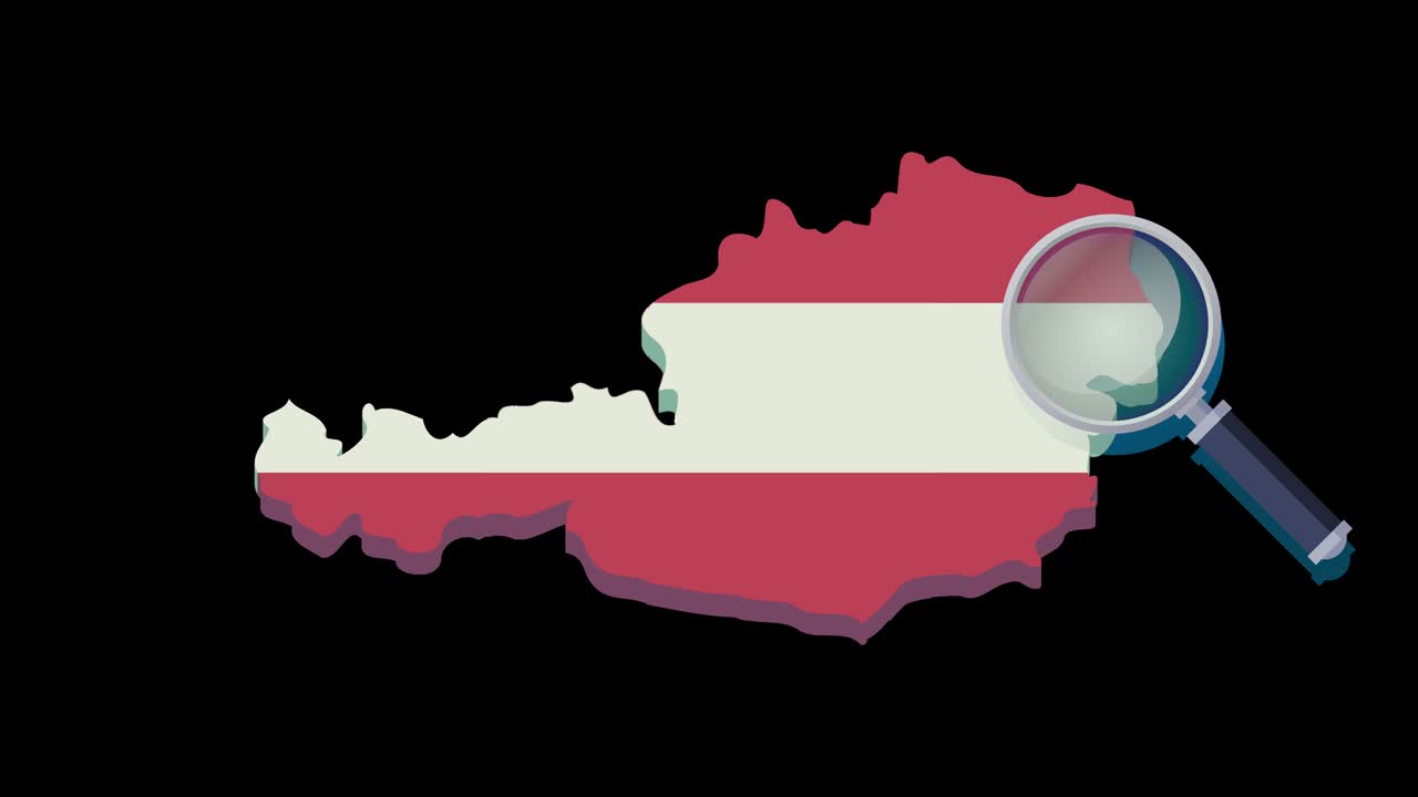 알파 채널 (평평한 디자인) 을 가진 발을 가진 오스트리아의 지도에서 확대 유리로 루프 검색