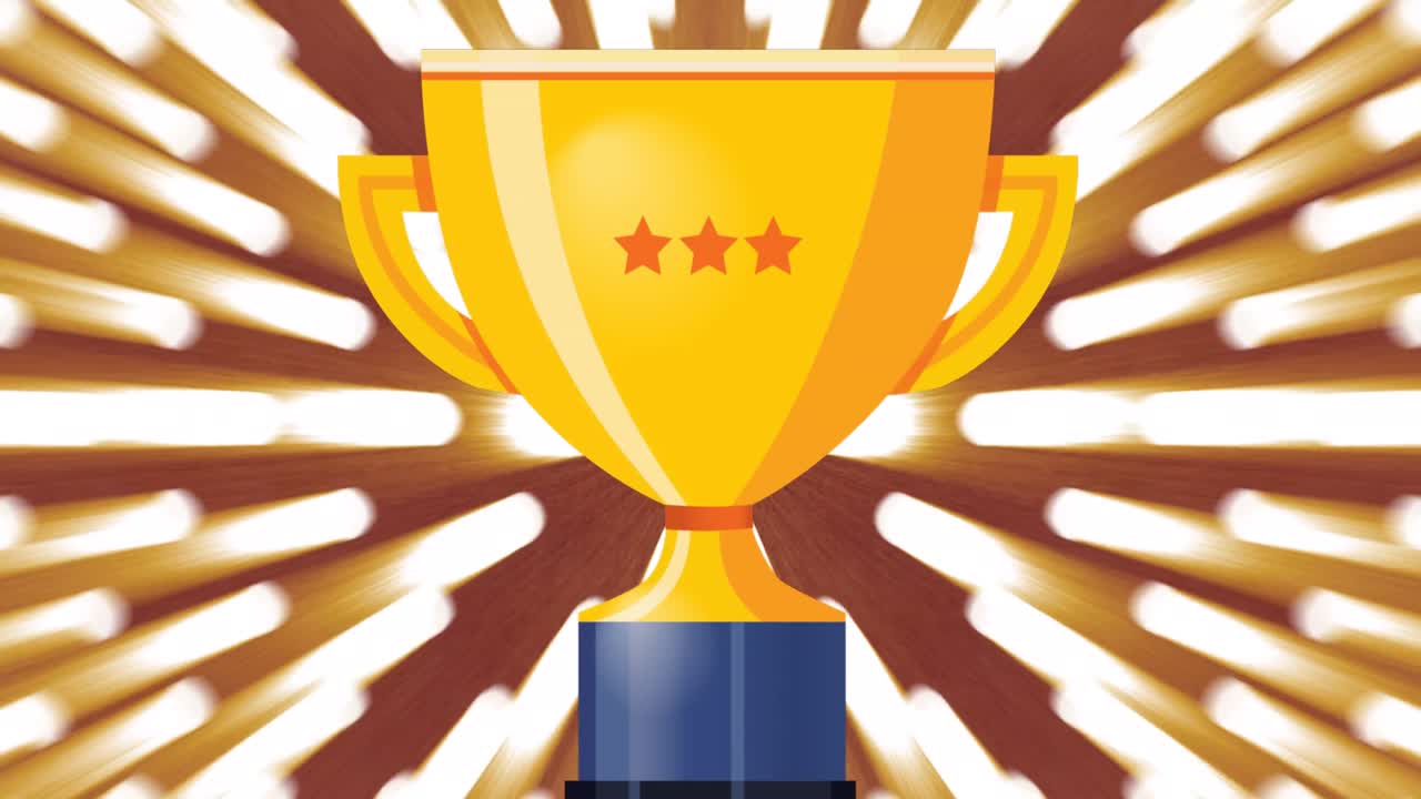 animación del trofeo de oro y el laurel con tres estrellas, sobre focos móviles sobre fondo marrón