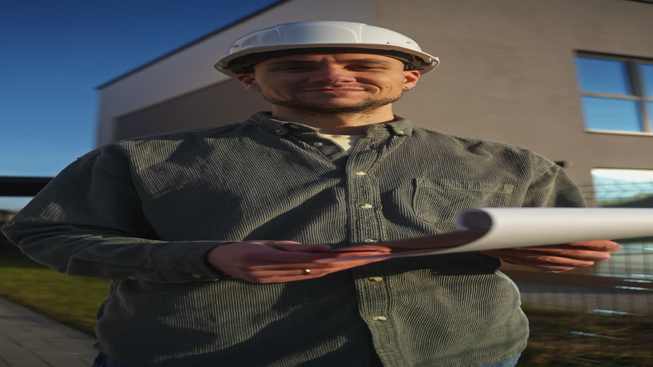 trabajador de la construcción inspeccionando los planos del edificio